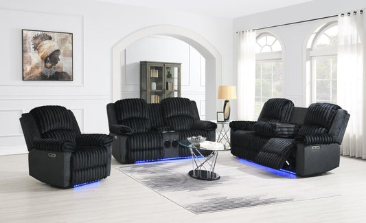 U161 - Corduroy Power LED Reclining Sofa - Black