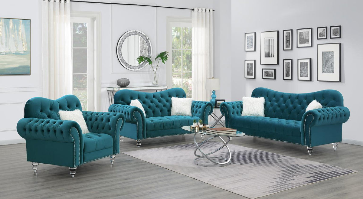 U215 - Loveseat With Two Fur Pillows & Acrylic Legs - Turquoise