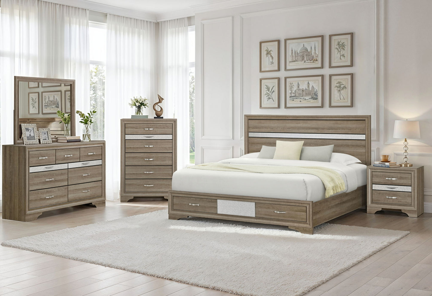Seville - 5 Piece King Bedroom Set (Bed, Dresser & Mirror, Nightstand, Chest) - Brown / Natural