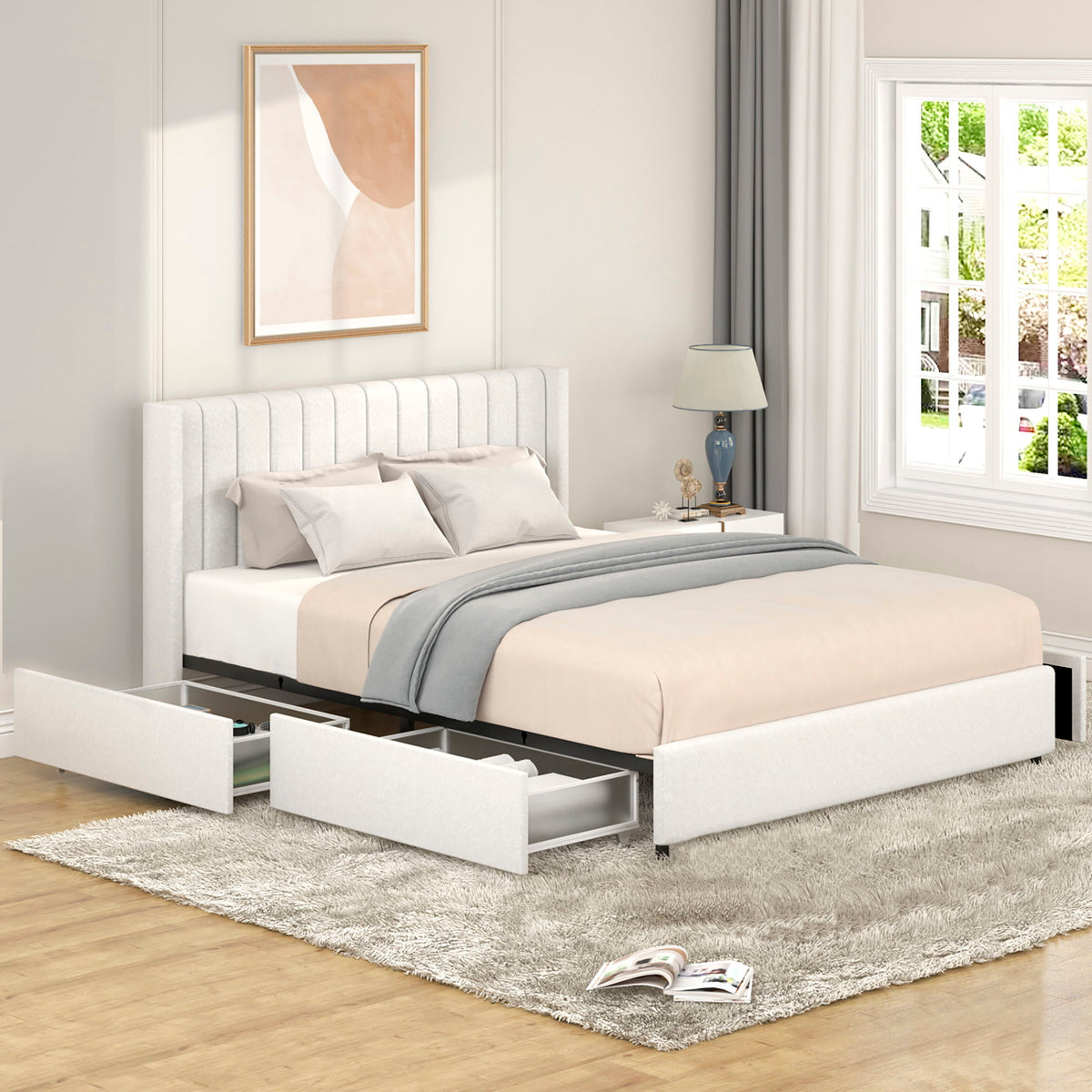 Anda - Boucle Upholstered Platform Bed With Patented Drawers Storage - Ivory - Ego Home Furniture