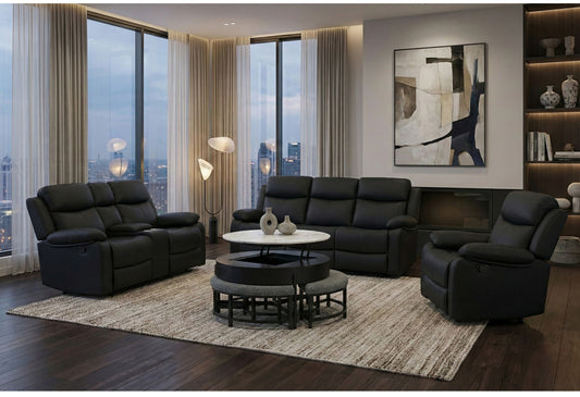 T42 - 4 Piece Living Room Set (Coffee Table With 3 Stools) - Black / Dark Gray