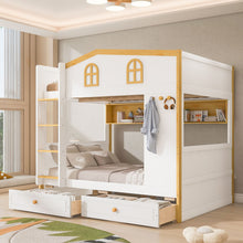 Load image into Gallery viewer, Twin Over Twin Bunk Bed With House Shaped Guardrails, Storage Shelves &amp; Drawers - White / Natural
