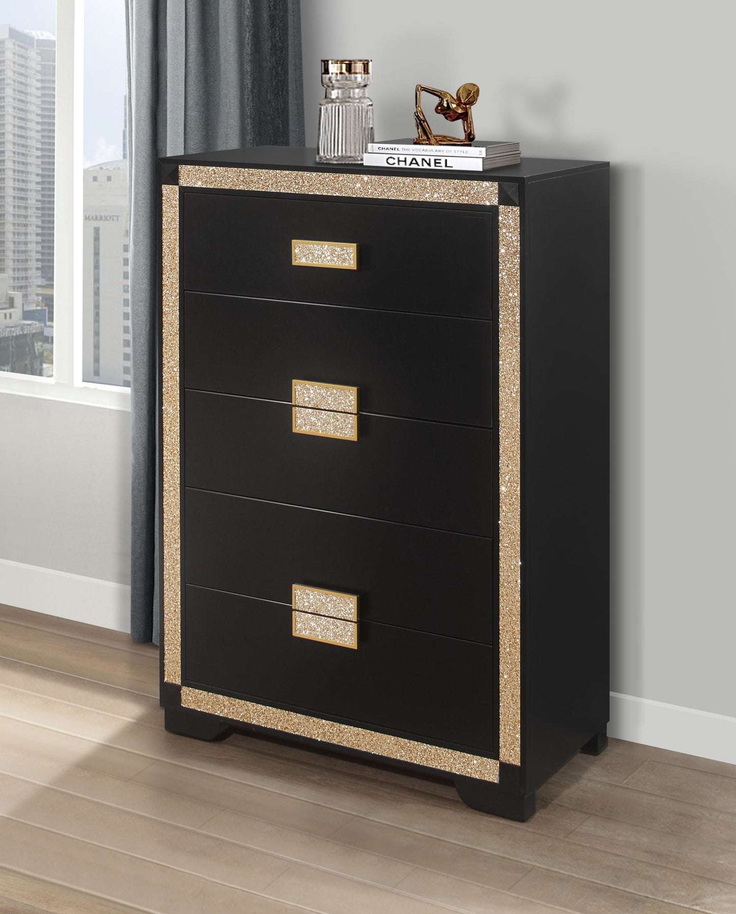 Blake - 4 Piece Full Bedroom Set (Bed With Lamps, Dresser, Mirror, Nightstand) - Black / Gold