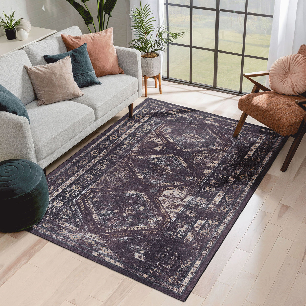 Maval - 5' X 8' Washable Area Rug - Black / Burgundy - Ego Home Furniture