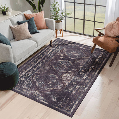 Maval - 9' X 12' Washable Area Rug - Black / Burgundy