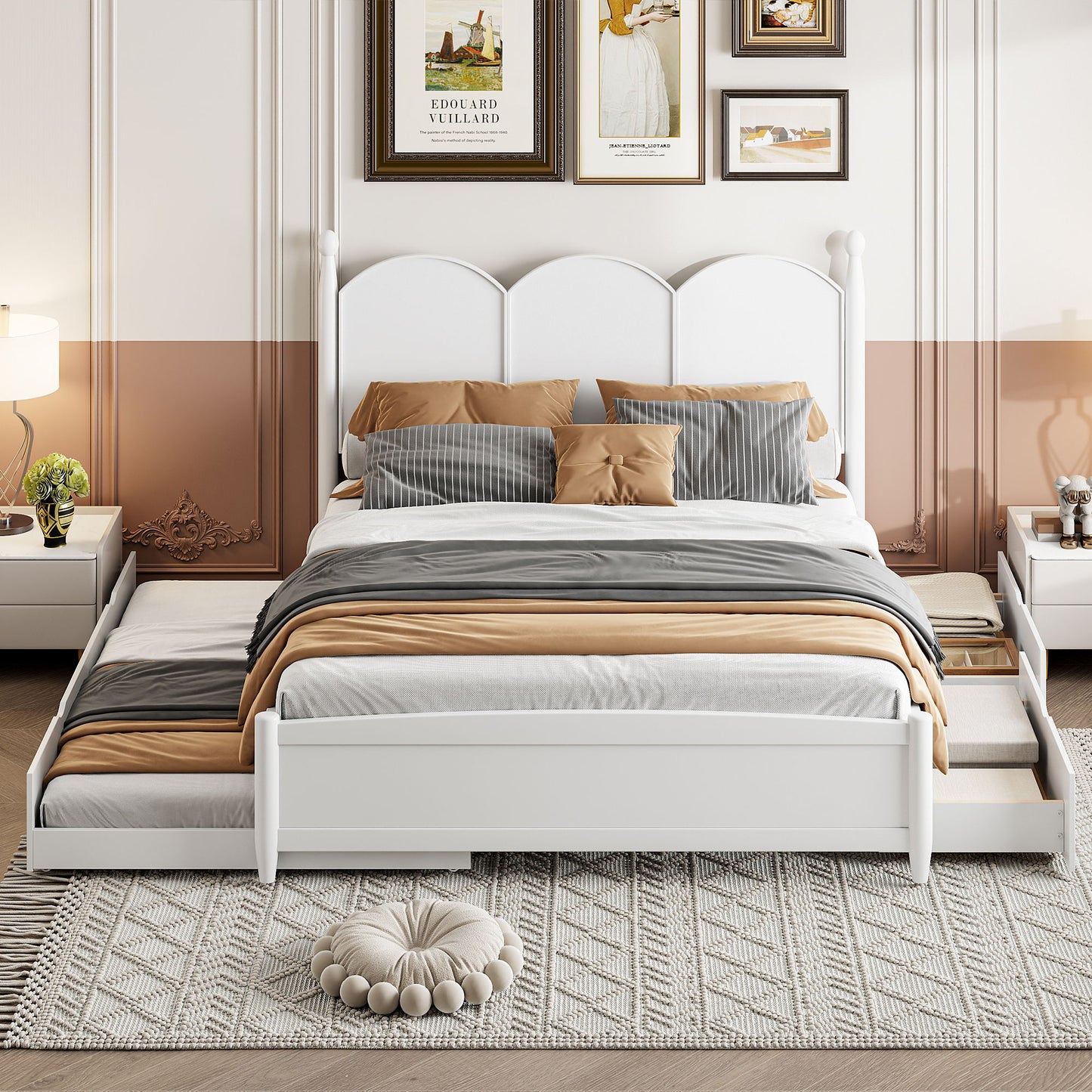Queen Size Platform Bed With With 2 Big Drawers, Twin Long Size Trundle - White
