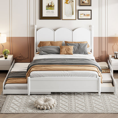 Queen Size Platform Bed With With 2 Big Drawers, Twin Long Size Trundle - White