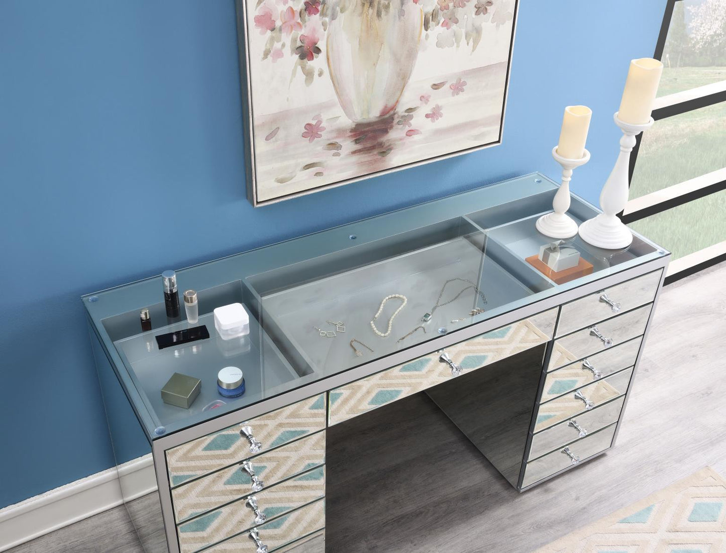 G-317 - Glamour Vanity + Stool (No Mirror) - Pearl Silver