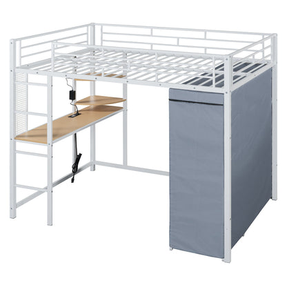 Full Size Loft Bed With Desk, Shelves, Power Outlet, LED Light And Wardrobe - White