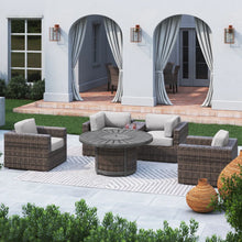 Load image into Gallery viewer, Patio Seating Group For 4 With Cushions And Fire Pit Table - Brown
