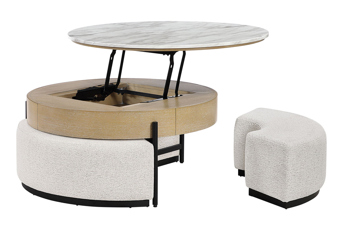 T42 - 4 Piece Living Room Set (Coffee Table With 3 Stools) - Cream / Natural