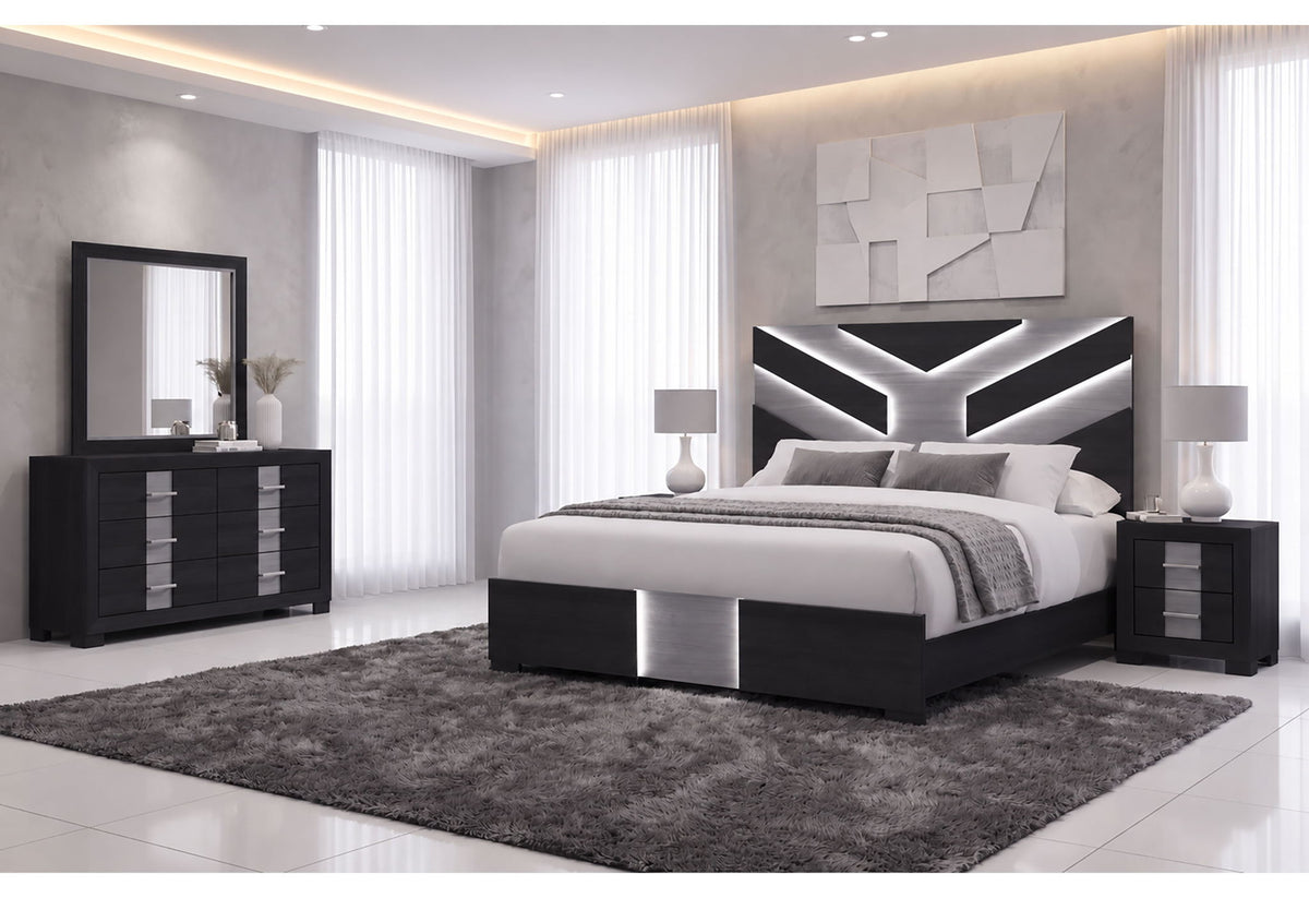 Optimus - Queen Bed Headboard/Footboard With LED - Black / Gray