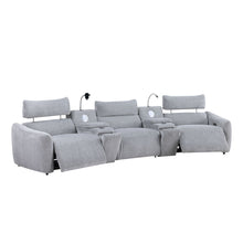 Load image into Gallery viewer, Fullar - Modular Power Motion Sectional Sofa With Console, 2 Wireless Chargers, 4 Cupholders, And 2 Speakers, 1 Phone Holder And 1 Reading Light, Adjustable Headrest - Light Gray
