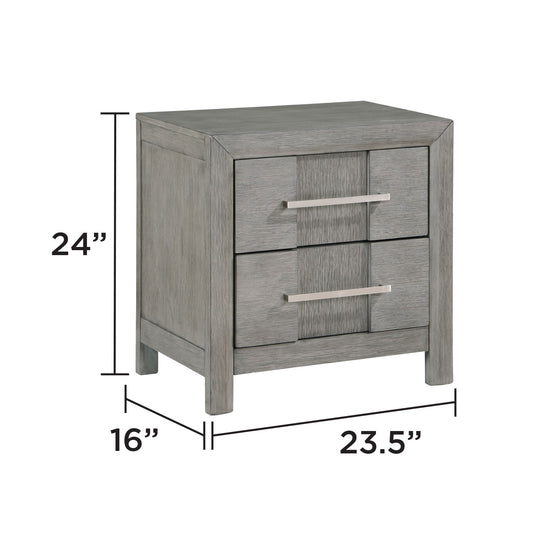 Modern 2 Drawer Nightstand In Gray Finish With Silver Metal Handles, Contemporary Bedside Table With Smooth Glide Drawers