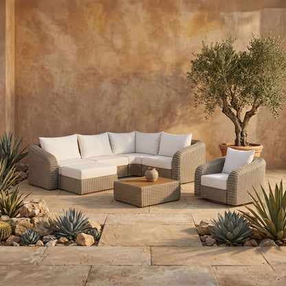 Seacrest - Olefin Water Resistant Fabric And Wicker 5 Piece Outdoor Patio Modular Sectional