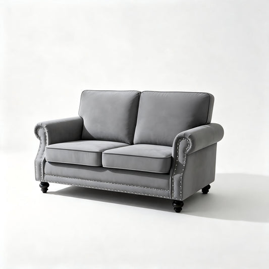 Loveseat Sofa With Nailhead Detail & Turned Legs, 2 Seater Upholstered Couch