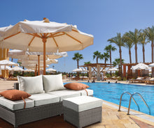 Load image into Gallery viewer, Salena - All Weather Wicker Patio Sofa &amp; Ottoman With 2 Toss Pillows - Beige / Gray
