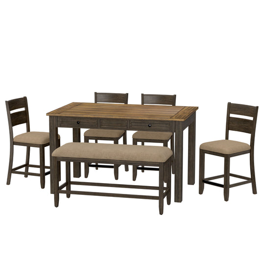 6 Piece Dining Set With Table, Chairs And Bench - Brown