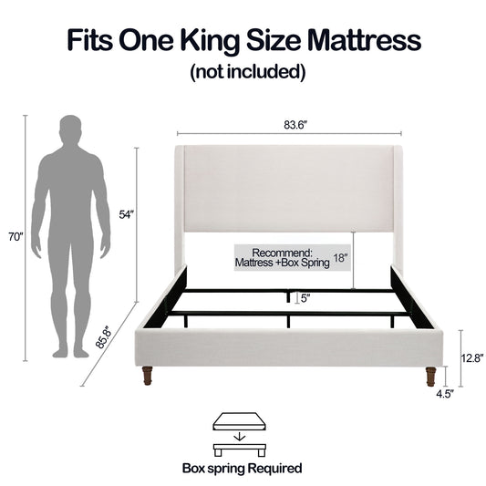 Hayden - King Size Upholstered Wingback Bed With And Tall 54" Headboard - Ivory - Ego Home Furniture