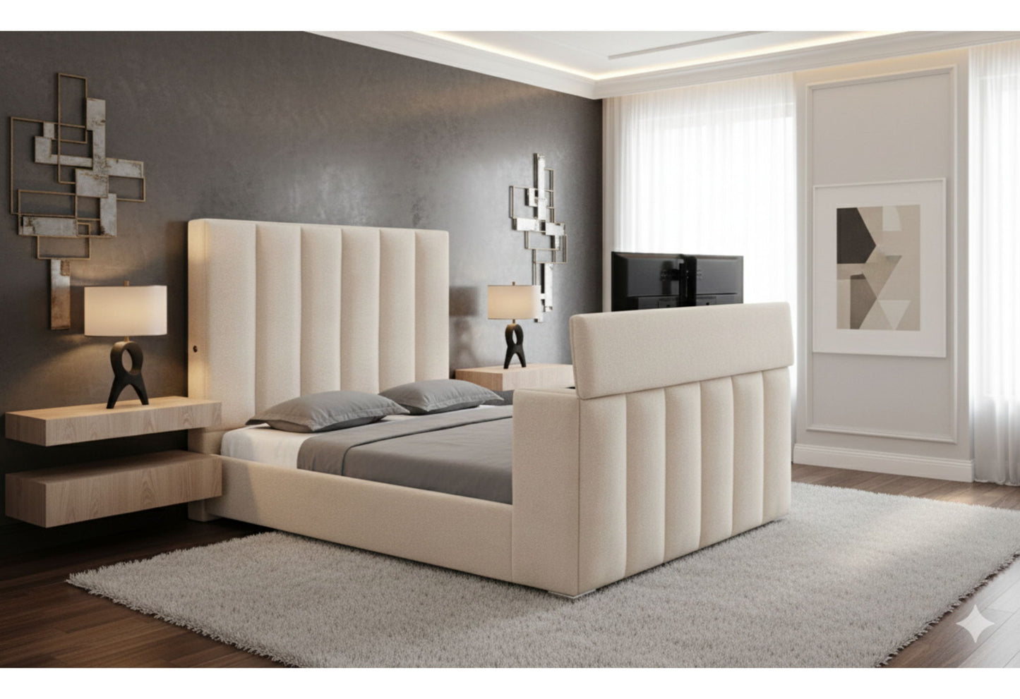Serenity - King Bed Footboard With TV Lift And Fireplace - Cream