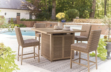 Load image into Gallery viewer, Walton Bridge - 5 Pc. - Square Bar Table W/Fire Pit, 4 Barstools - Driftwood
