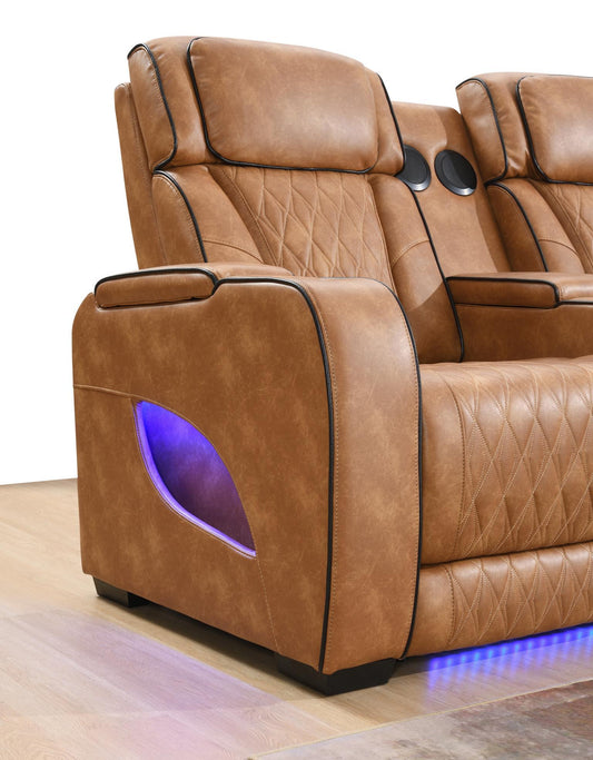 U12 - 3 Piece Power LED Sectional, Power Headrest, Heat, Massage Wireless Charger, And USB - Brown