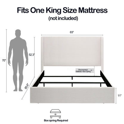 Caron - King Size Upholstered Wingback Bed With High Headboard - Ivory - Ego Home Furniture