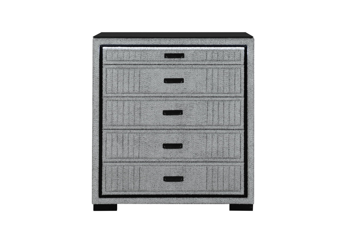 Isabella - 5 Piece King Bedroom Set (King Bed With LED, TV Lift, Bluetooth Speaker And Firpeplace Crystal) - Gray