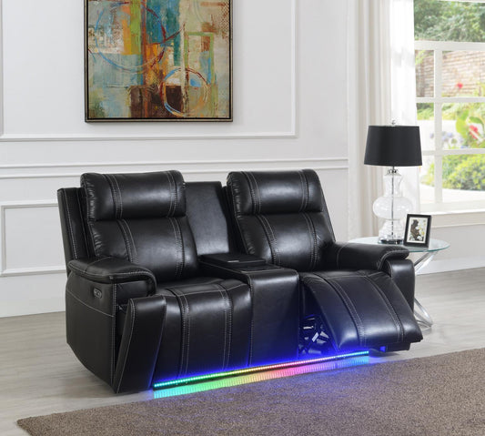 U68 - LED Power Reclining Loveseat With Console & Fridge,Wireless Charger, With Vibrator Arms - Black