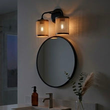 Load image into Gallery viewer, Quell - Double Light Vanity With Natural Shade Wall Lamp - Black / Rattan
