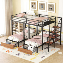 Load image into Gallery viewer, Full Over Twin-Twin Triple Bunk Bed With Drawers And Staircase - Black
