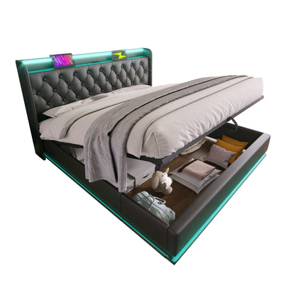 Upholstered Bed, 360 Surround LED Function, Remote Control, Hydraulic Storage Bed With USB, Type-C Charging (Without Mattress)