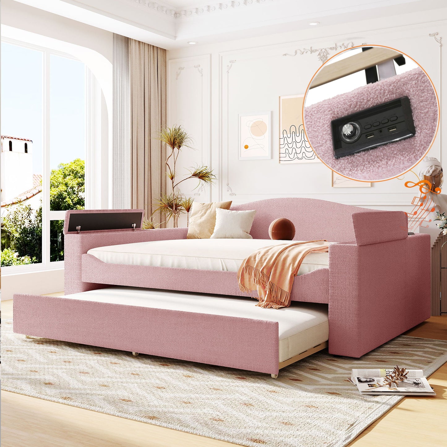 Upholstered Daybed With Storage Armrests, Trundle And Latest Integrated tooth Audio System