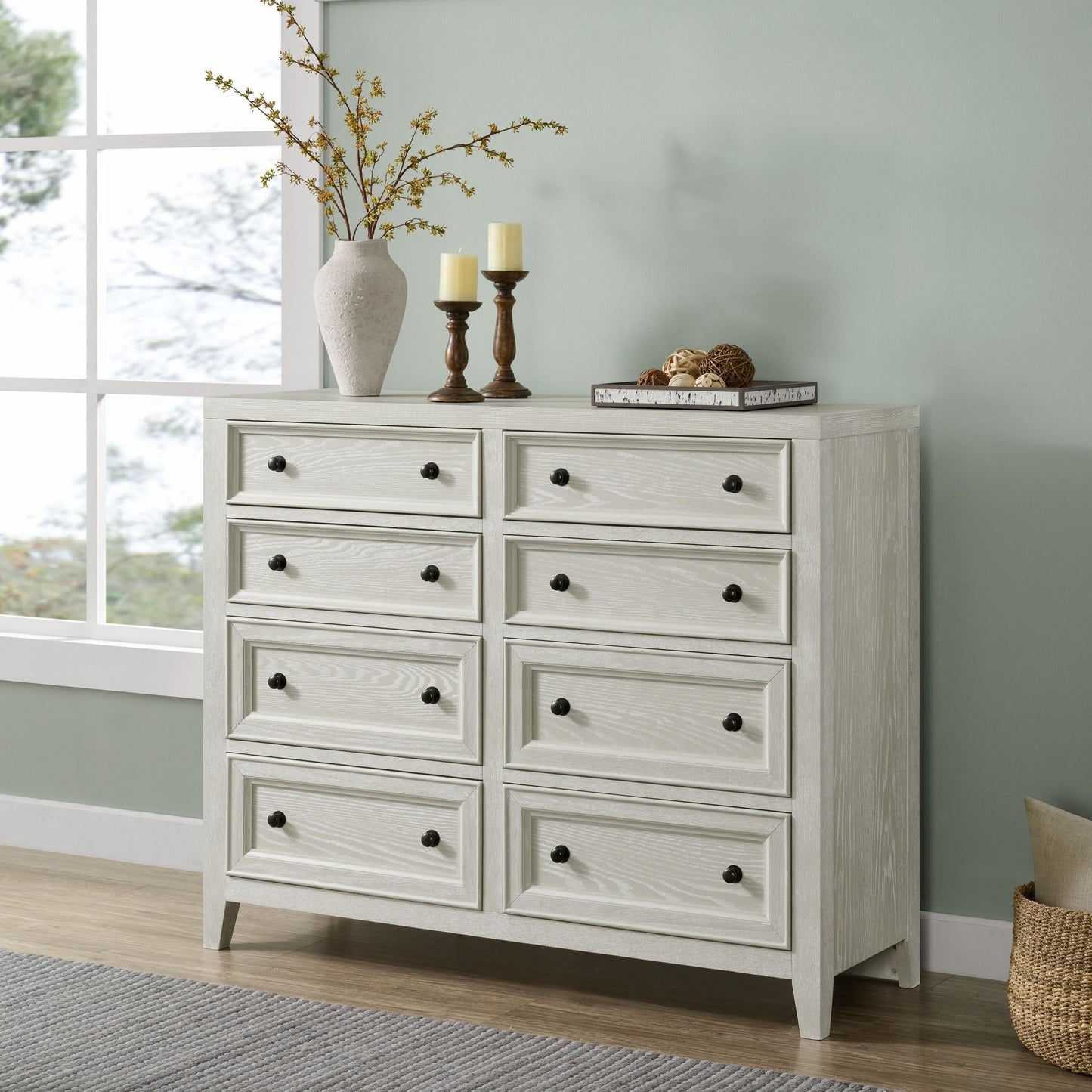 8 Drawer Dresser With Classic Framed Fronts And Smooth Glides - White