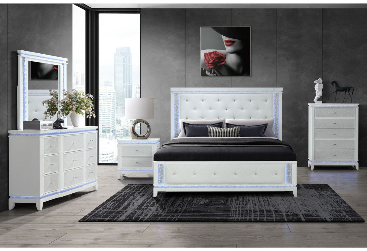 Alina - 5 Piece Queen Bedroom Set With LED, Cooler, Speaker And USB - White