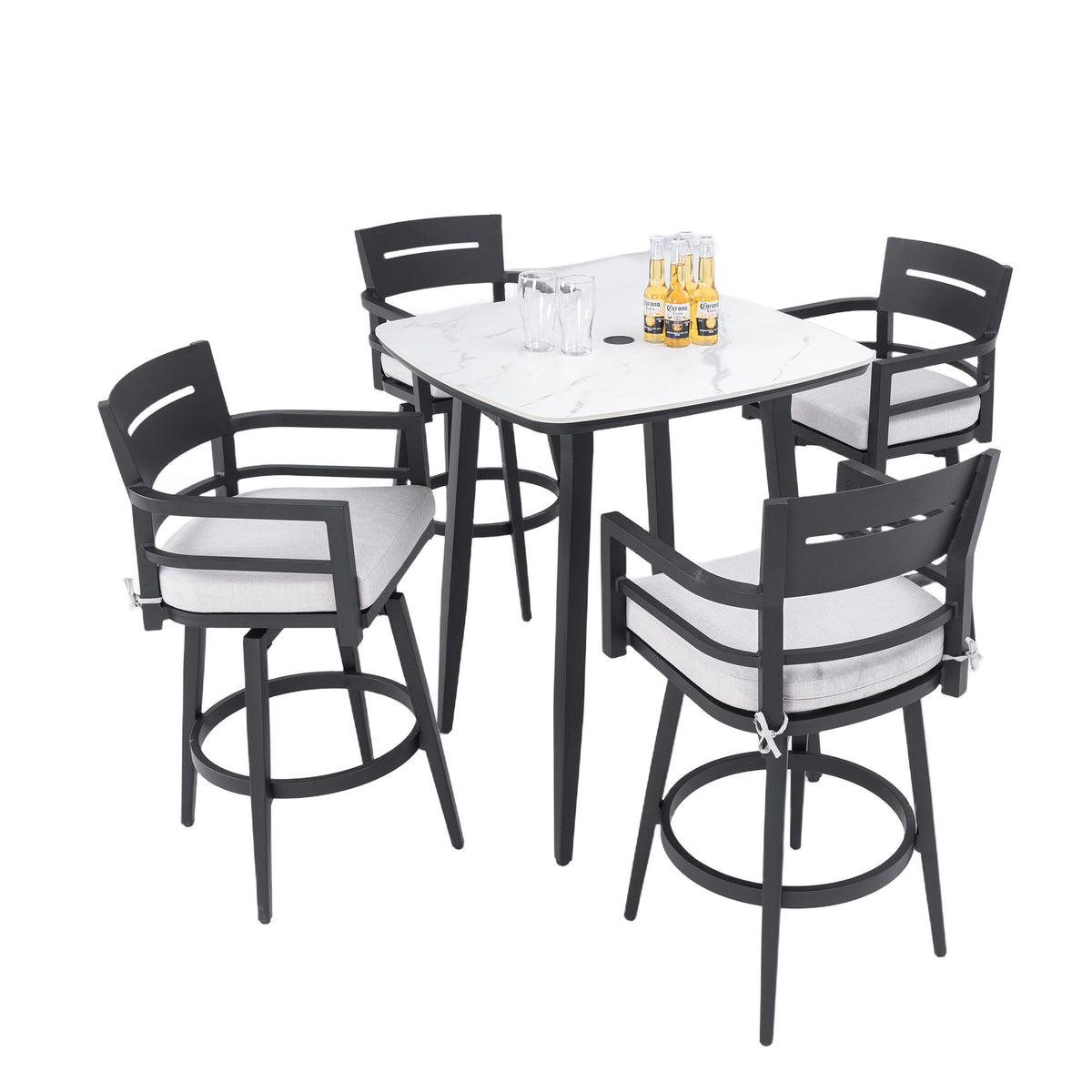 5 Pieces Outdoor Patio Bar Set, Rounded Square Sintered Stone Table & 4 Swivel Bar Chairs