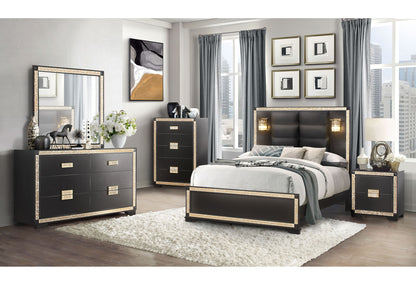Blake - 4 Piece Full Bedroom Set (Bed With Lamps, Dresser, Mirror, Nightstand) - Black / Gold
