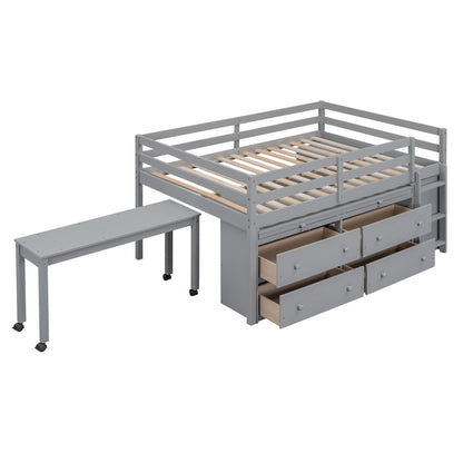 Loft Bed With Retractable Writing Desk And 4 Drawers, With Lateral Portable Desk And Shelves