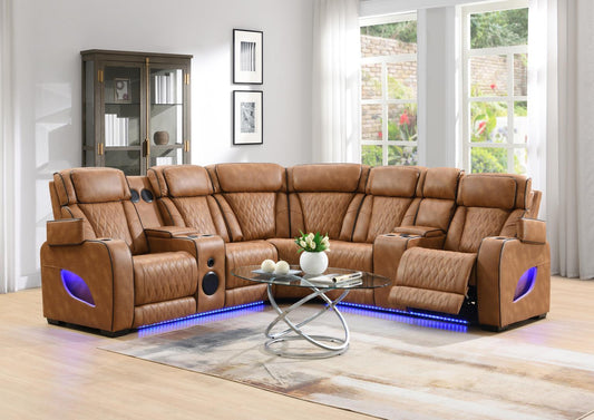 U12 - 3 Piece Power LED Sectional, Power Headrest, Heat, Massage Wireless Charger, And USB - Brown
