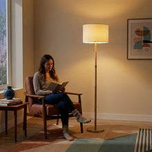 Load image into Gallery viewer, Stellar - Linen Shade Floor Lamp - Gold / Natural Wood / Rattan / White
