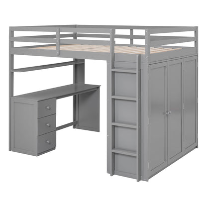 Full Size Loft Bed With Drawers, Desk, And Wardrobe - Gray