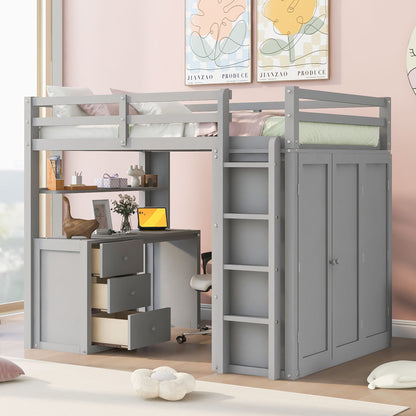 Full Size Loft Bed With Drawers, Desk, And Wardrobe - Gray