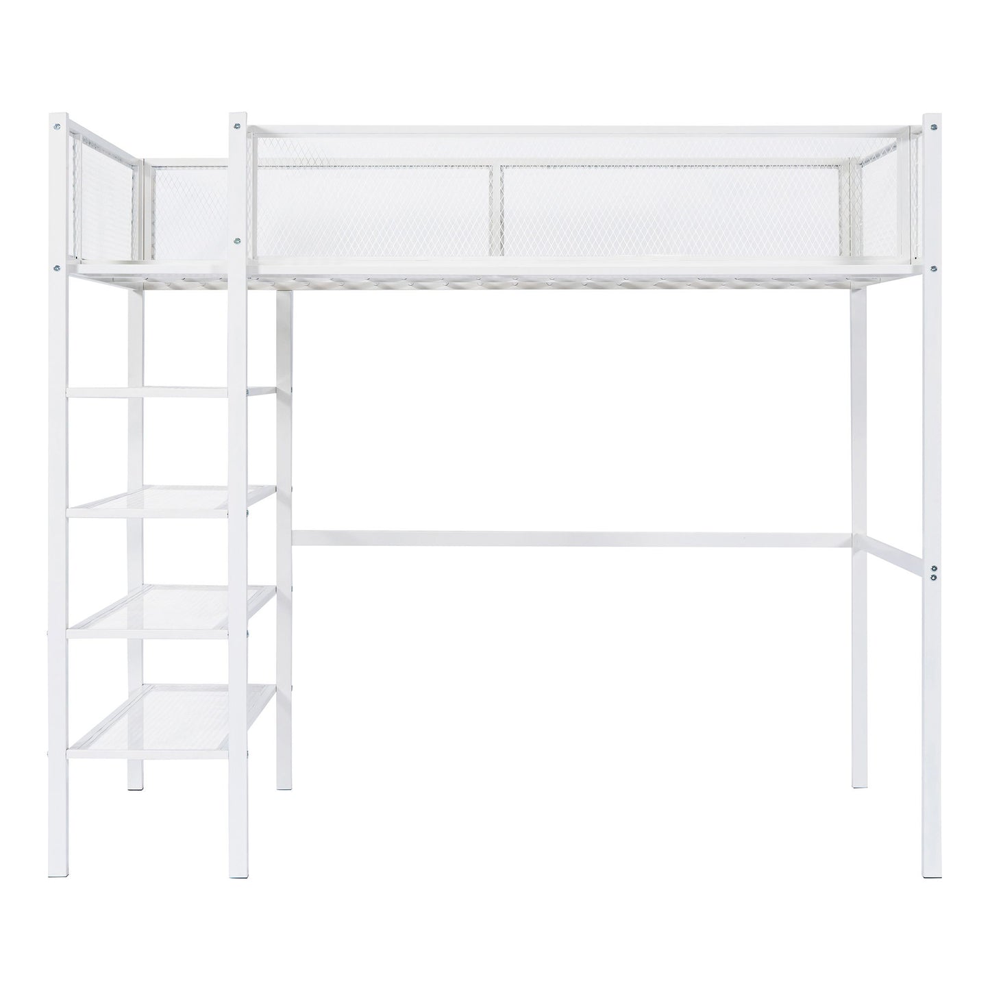Twin Size Loft Bed With 4 Tier Shelves And Storage - White