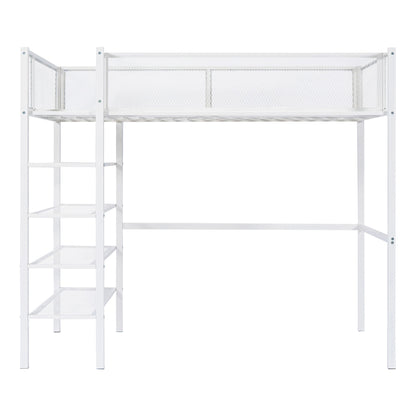 Twin Size Loft Bed With 4 Tier Shelves And Storage - White