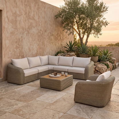 Seacrest - 123.25" Olefin Water Resistant Fabric And Wicker 5 Piece Outdoor Patio Modular Sectional