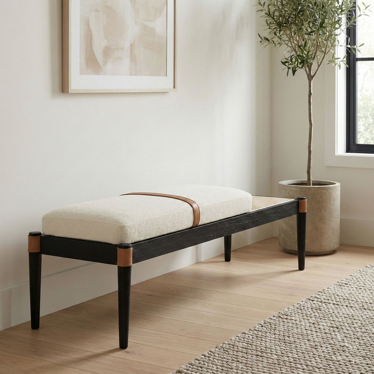 Nara - Linen Textured Fabric Upholstered Bench - Painted Black