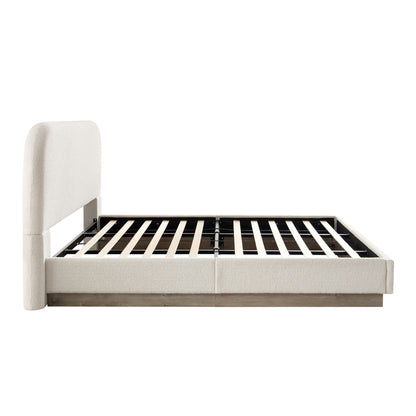 Linton - Queen Size Upholstered Platform Bed - Cream White / Light Grey / Camel Oak