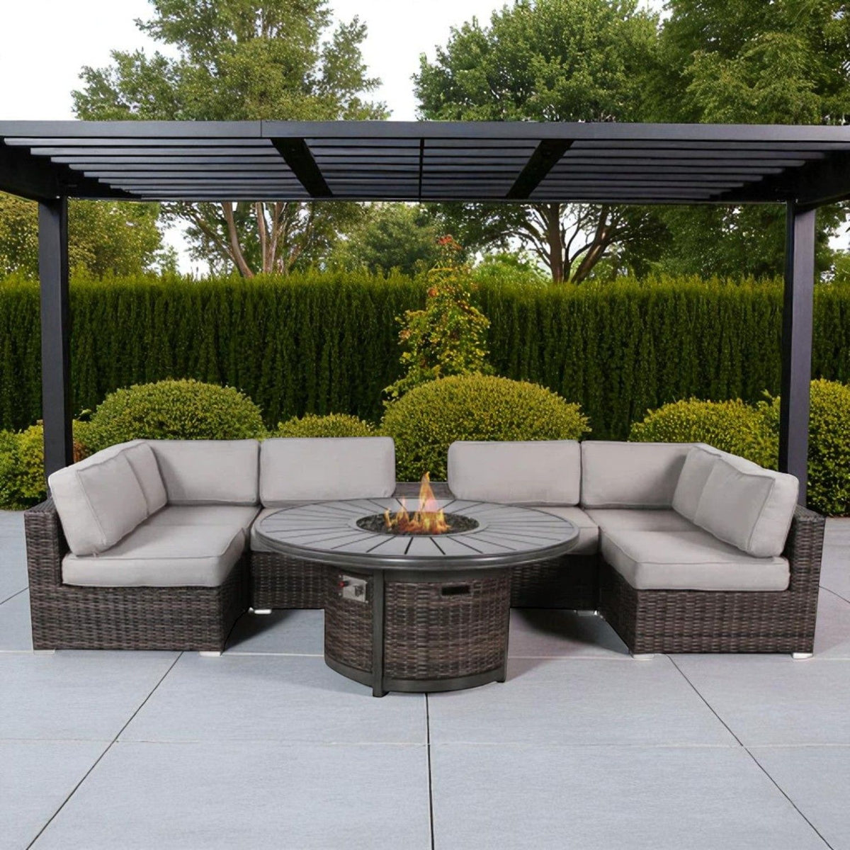 4 Person Outdoor Seating Set With Cushions And Fire Pit, Rustproof - Brown