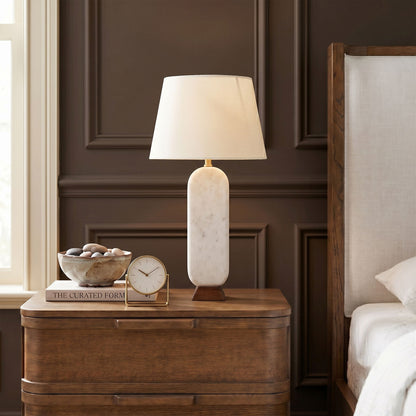 Solis - Genuine Marble And Mango Wood Base With Linen Textured Fabric Shade Table Lamp