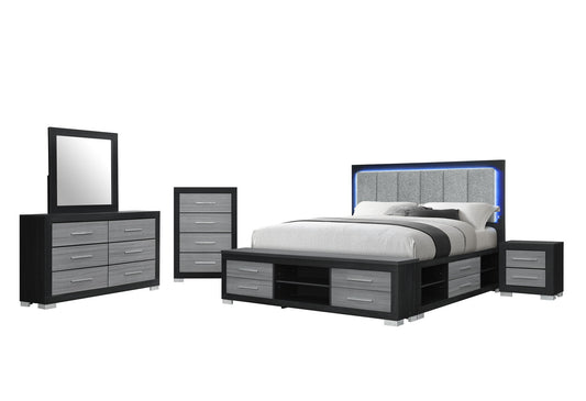Emma - King Bed With LED And USB - Black / Gray